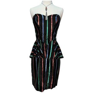 Metallic striped strapless velvet dress